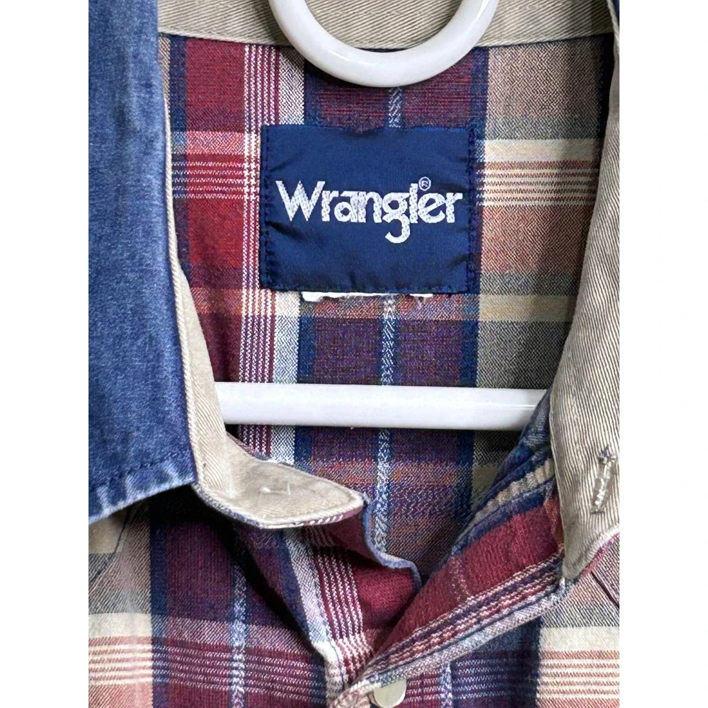 Wrangler Mens‎ Western Snap Shirt Plaid Long Sleeve Denim Collar Blue Red XXL